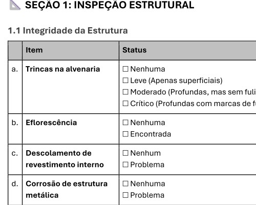 Checklist de inspeção estrutural do DEFI